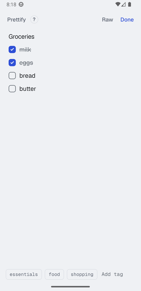 A markdown note opened as a titled checklist